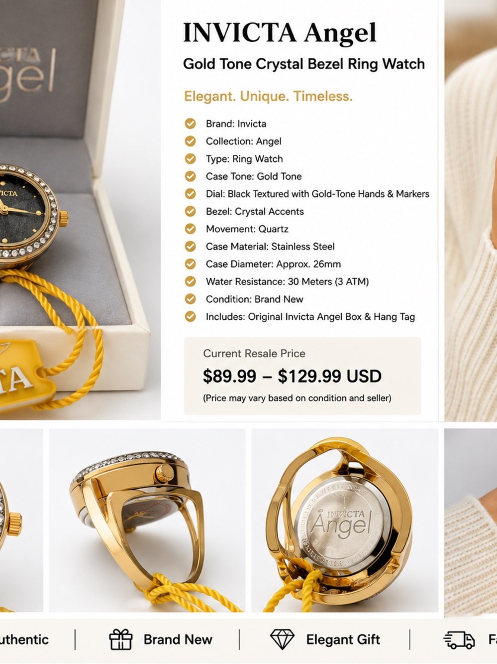 Invicta Angel Gold Tone Crystal Bezel Ring Watch - Black Dial